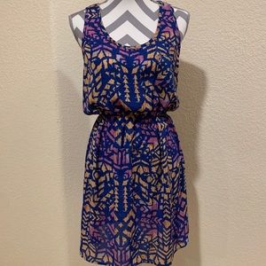 Blue, pink, and orange Tribal patterned halter dress synched waist size medium